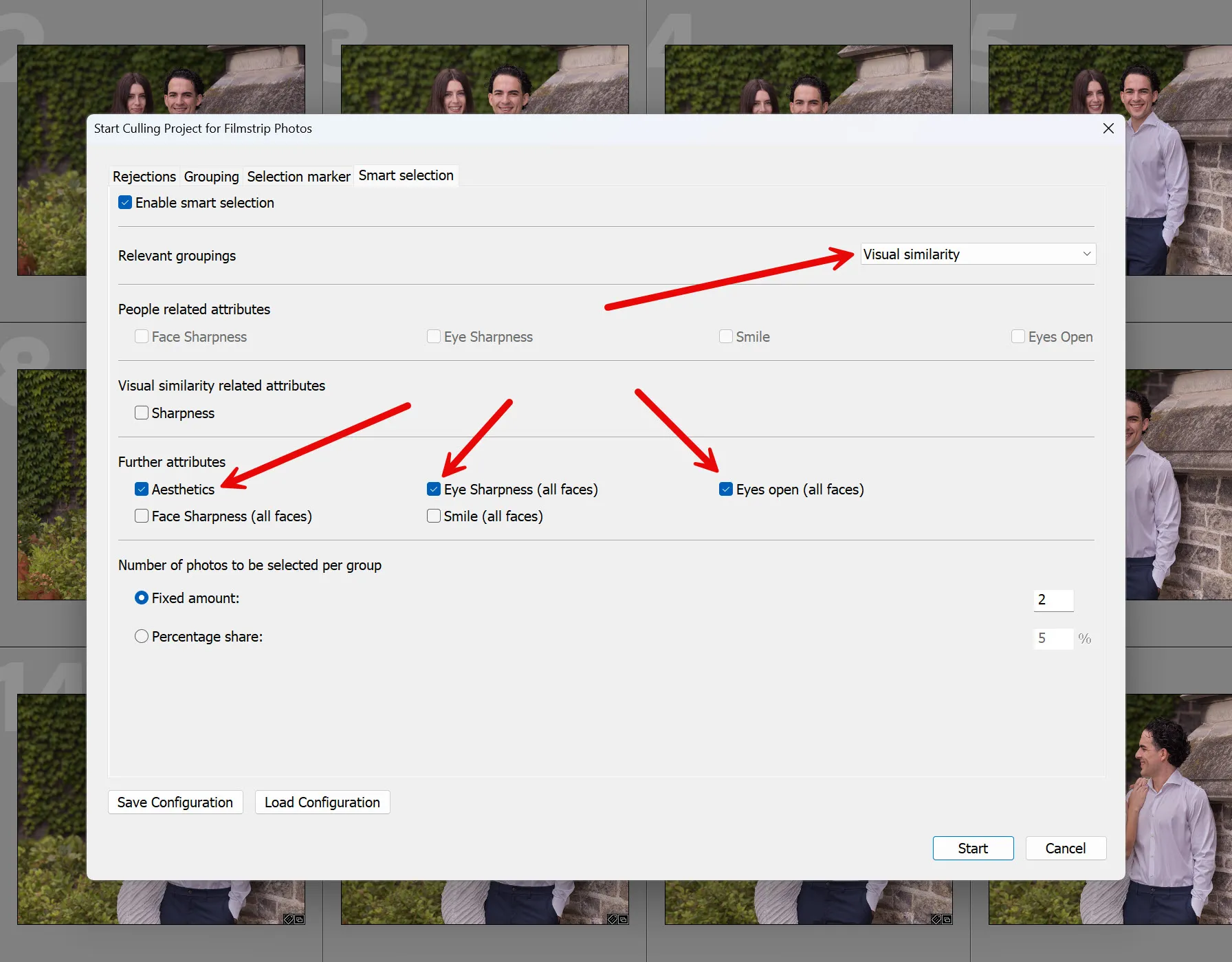 Excire Search culling test settings for smart selection of images