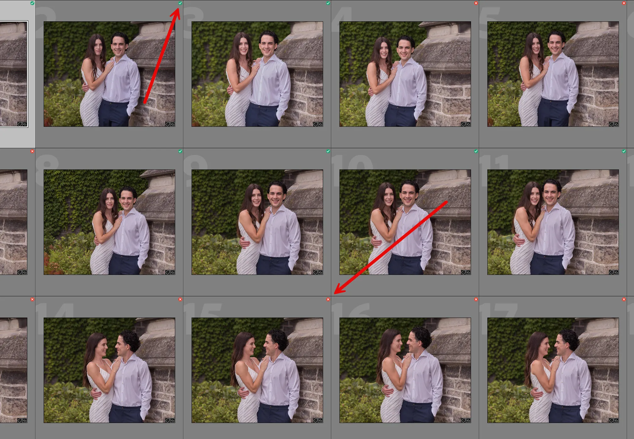 When Lightroom labels "selects," it adds a green checkmark; when it labels "rejects," it adds a red x