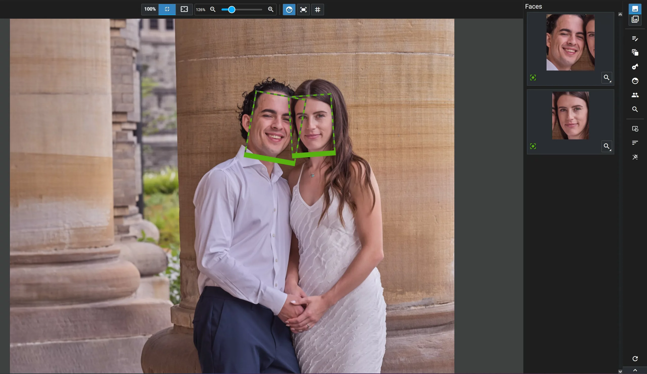 Excire Search 2026 Panel showing faces with a green box indicating good sharpness