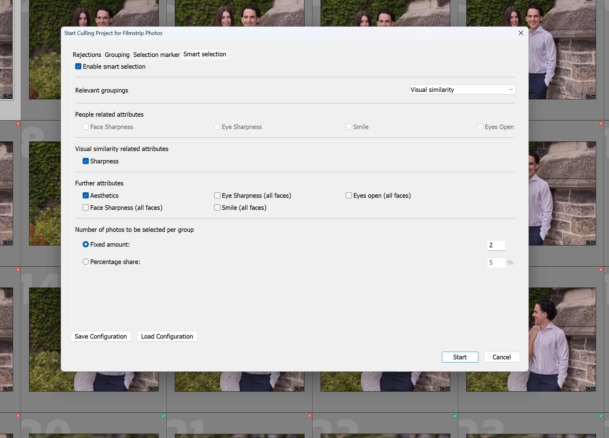 Excire Smart selection options with lots of configurable items