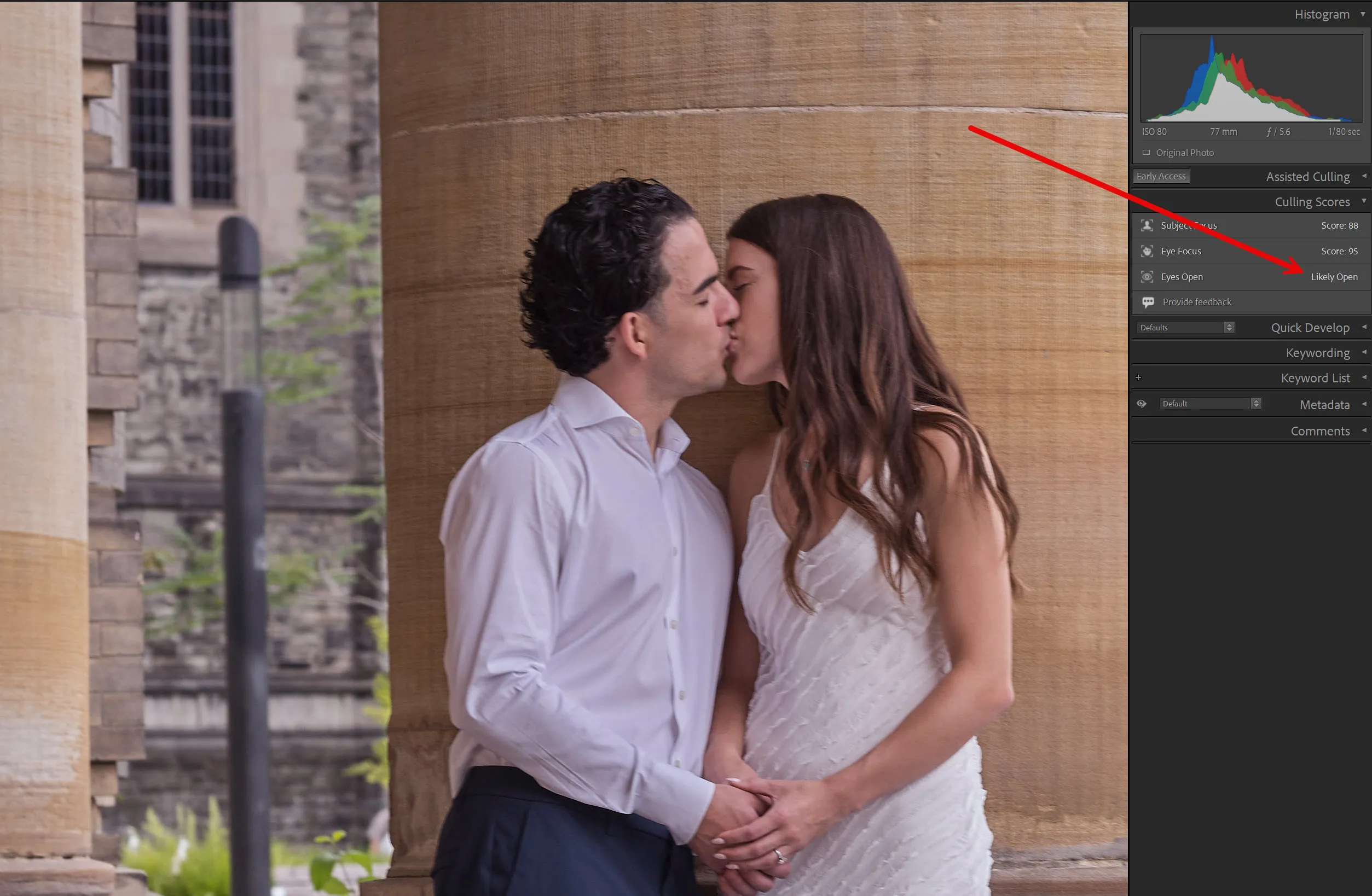 An image that shows two people with eyes closed yet Lightroom marked with "Likely Open" eyes