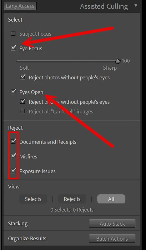 Lightroom Classic portrait culling test settings
