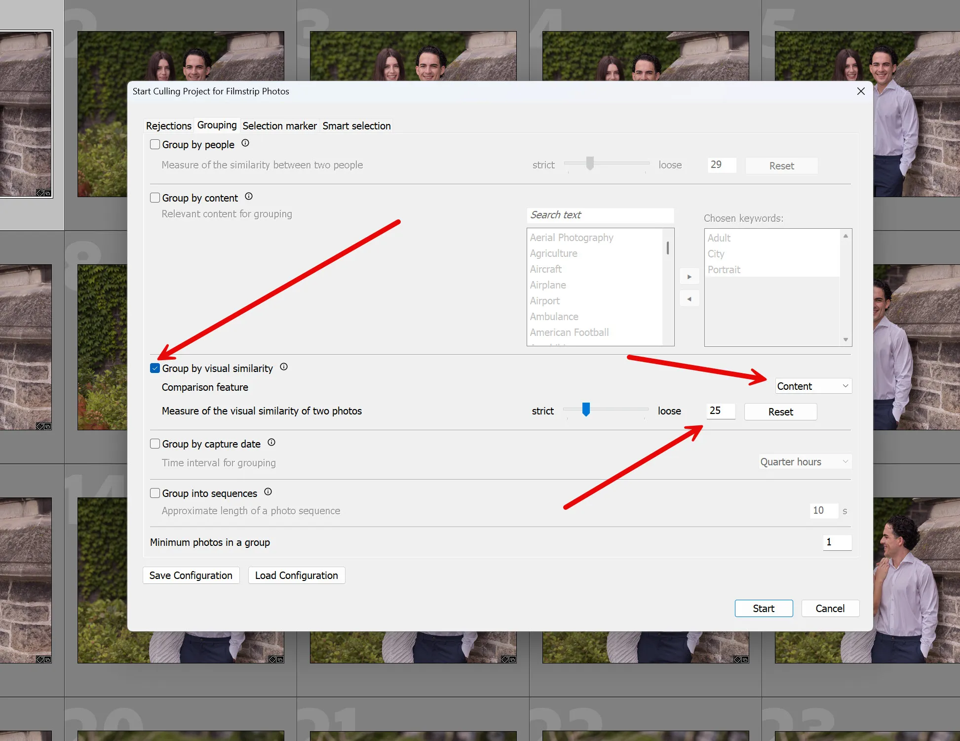 Excire Search culling portrait test settings