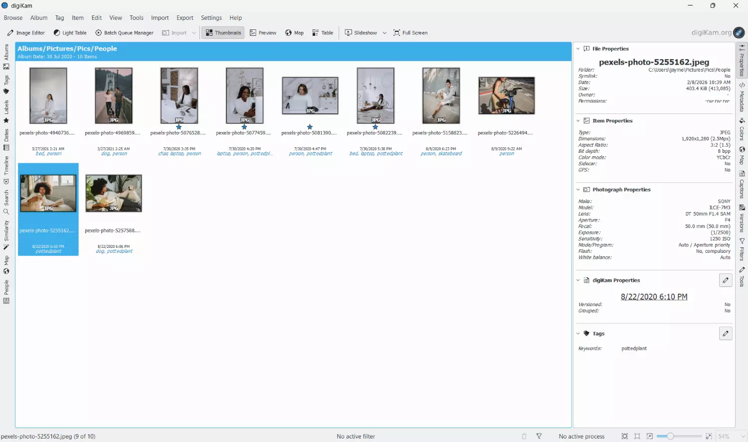 DigiKam software with image thumbnails