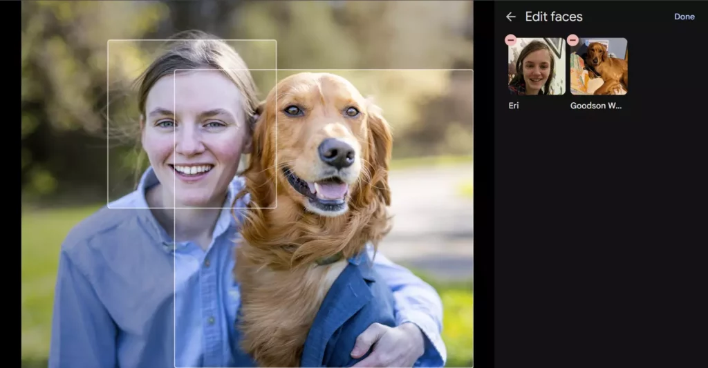 Google Fotos zeigt Bearbeitungsoptionen für die Gesichtserkennung