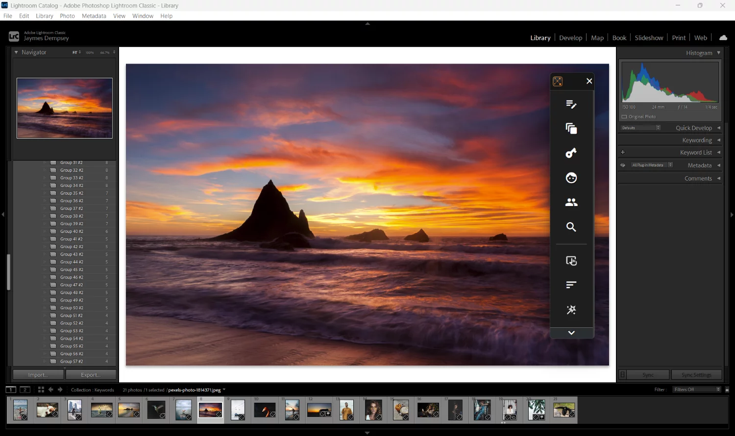 Adobe Lightroom Classic image preview with the Excire Search panel