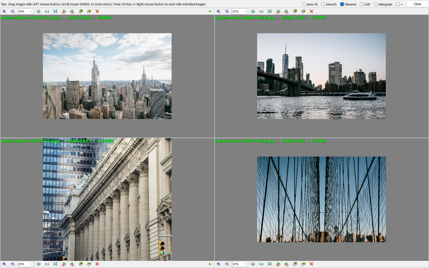FastStone comparison viewer with four city images