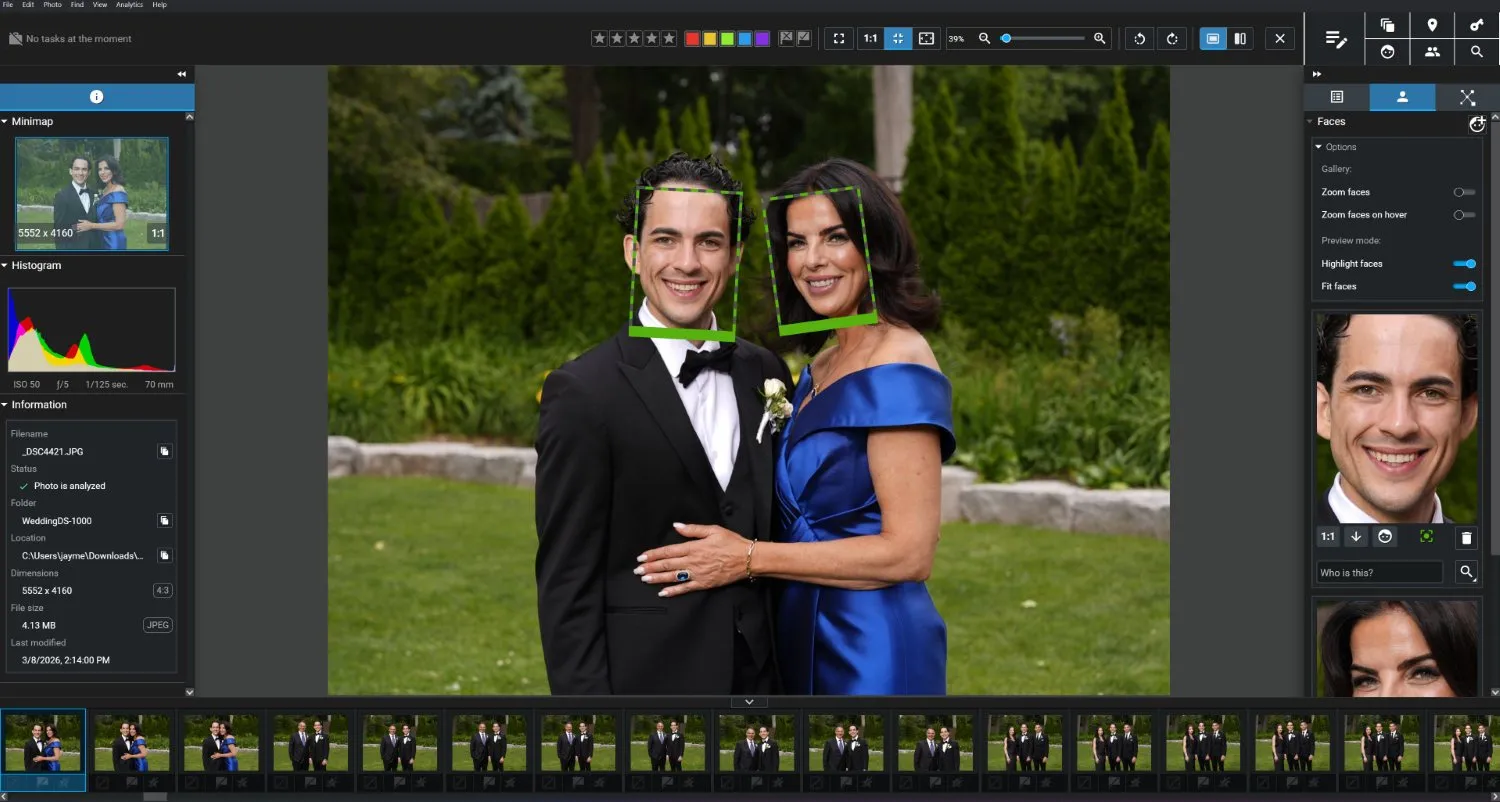 Excire Foto 2025 Loupe view with face-sharpness indicators