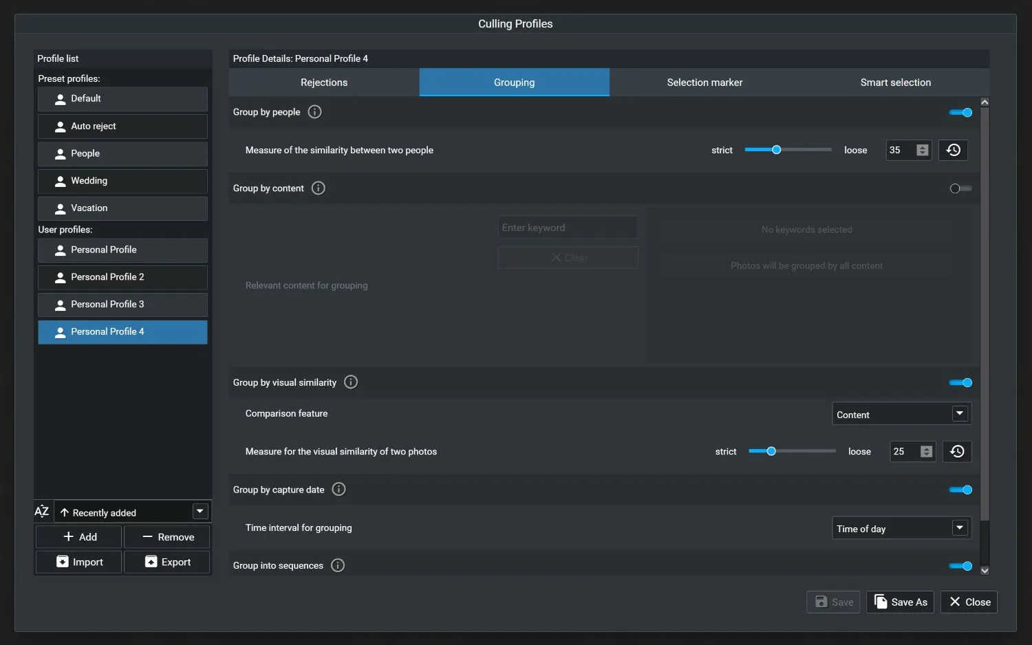 Excire Foto 2025 culling profiles dialog with various configurable options