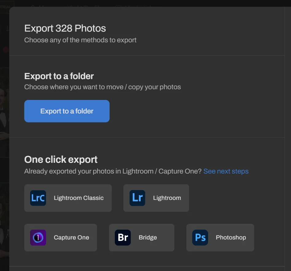 Aftershoot one-click export options