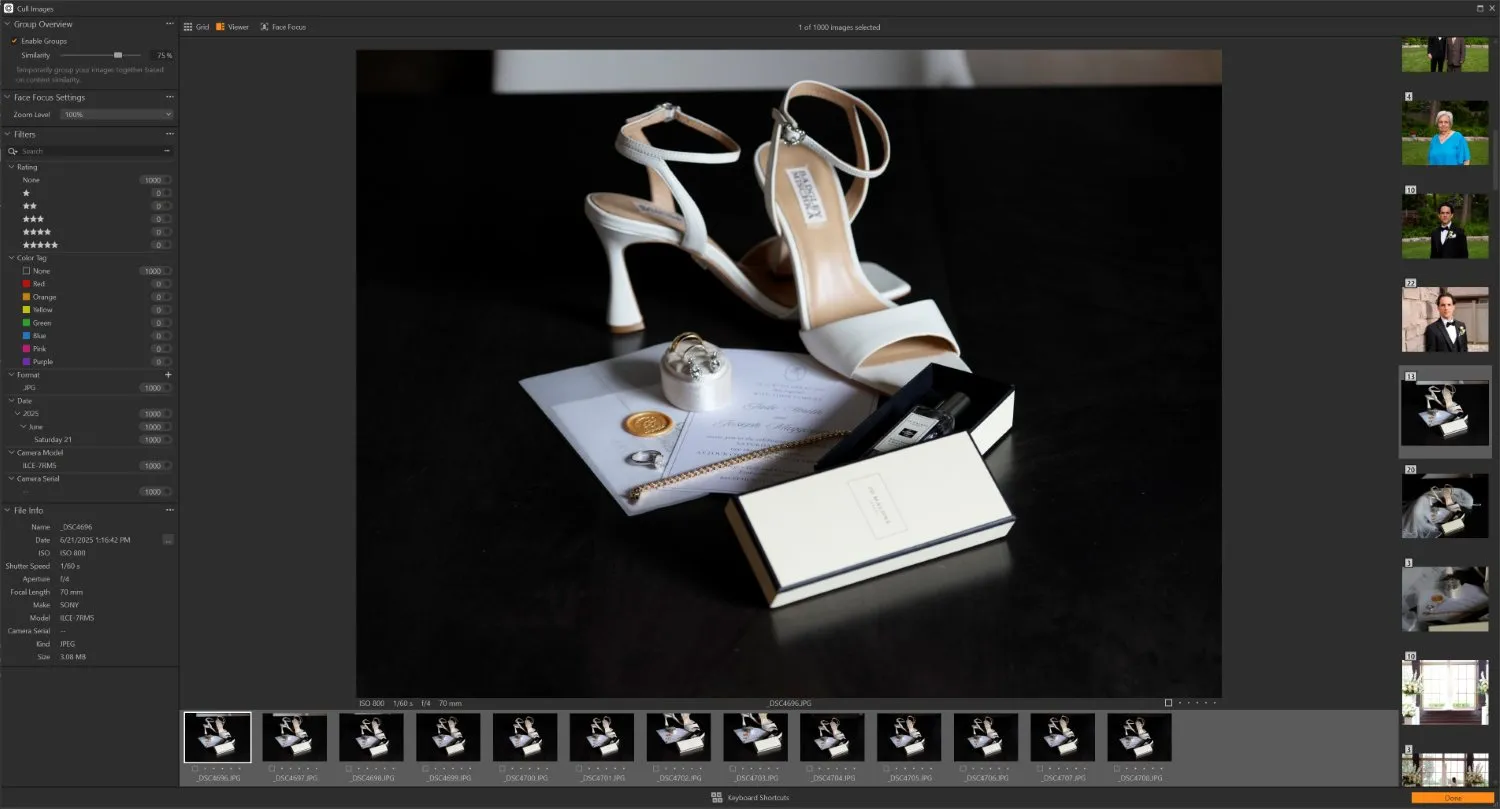 Capture One Loupe view with still-life wedding image