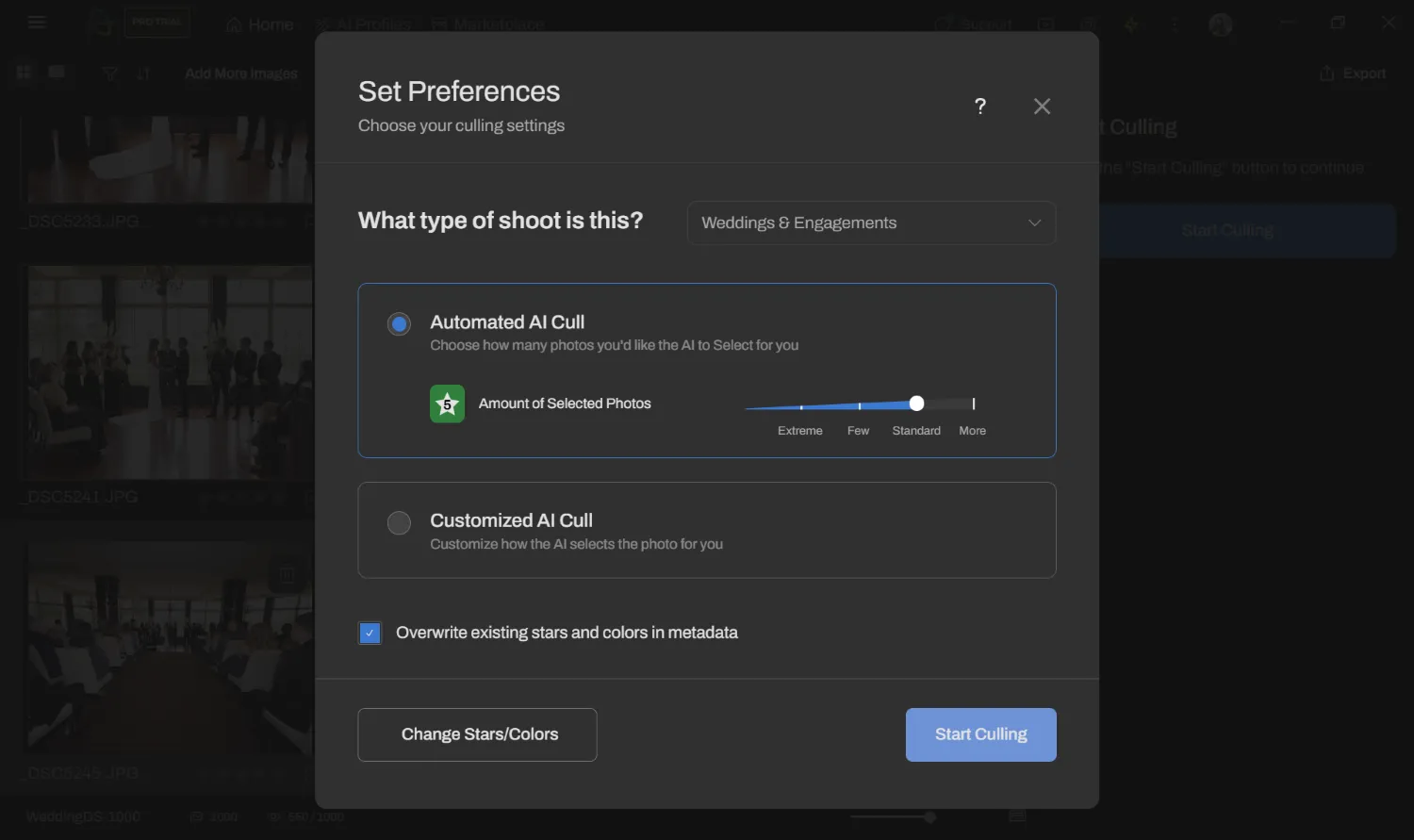 Aftershoot culling preferences dialog
