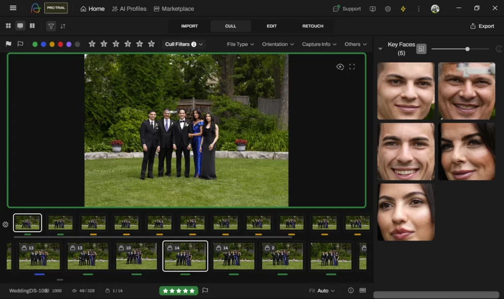 Aftershoot's thumbnail grids in Loupe view, as well as key faces