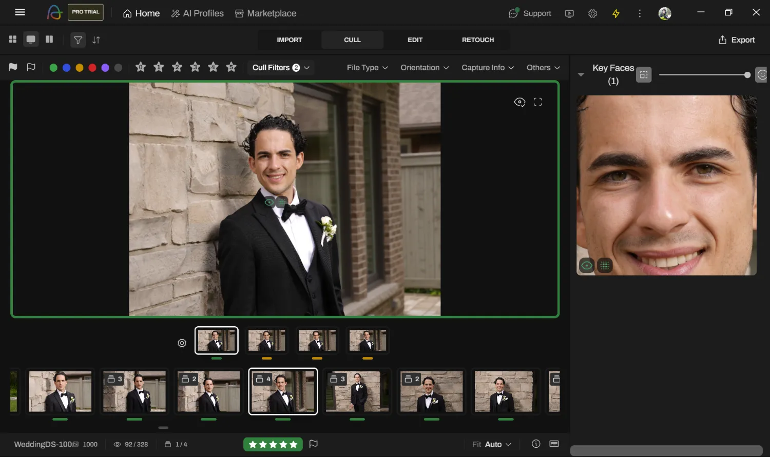 Aftershoot main culling layout with Loupe view and multiple grids of images along the bottom