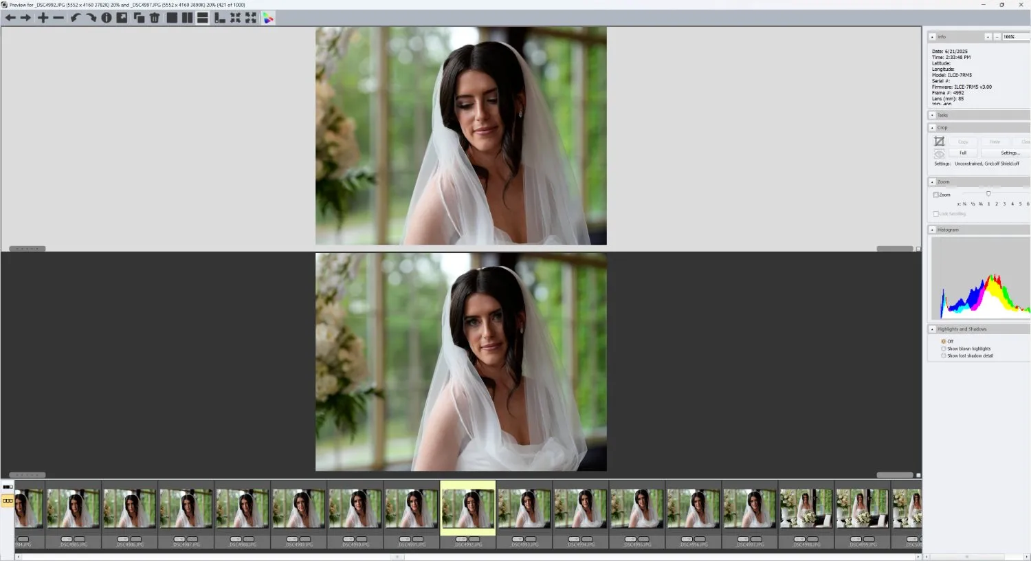Photo Mechanic comparison view with two images of a bride