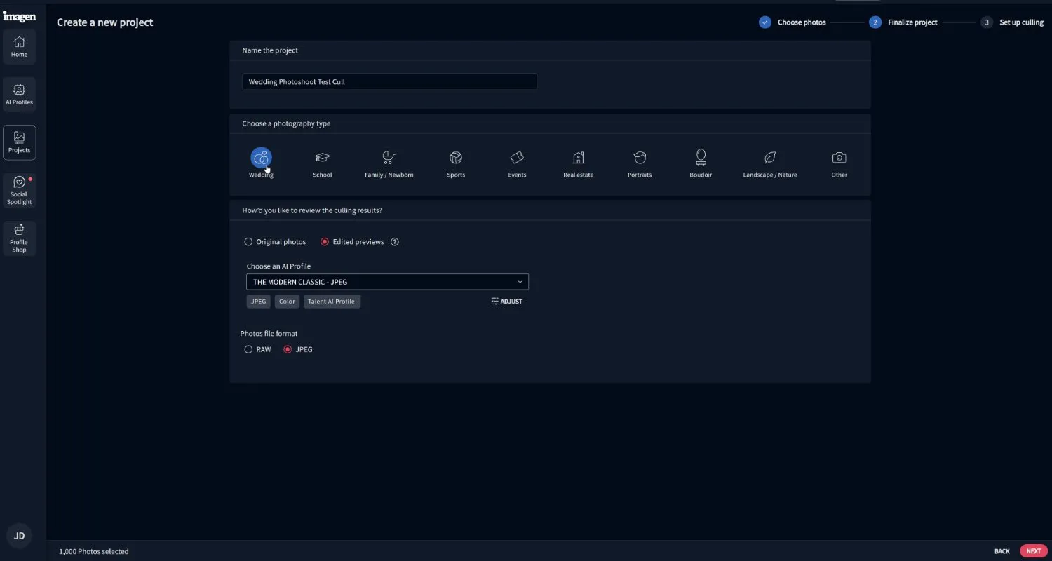 Imagen dialog creating a new project