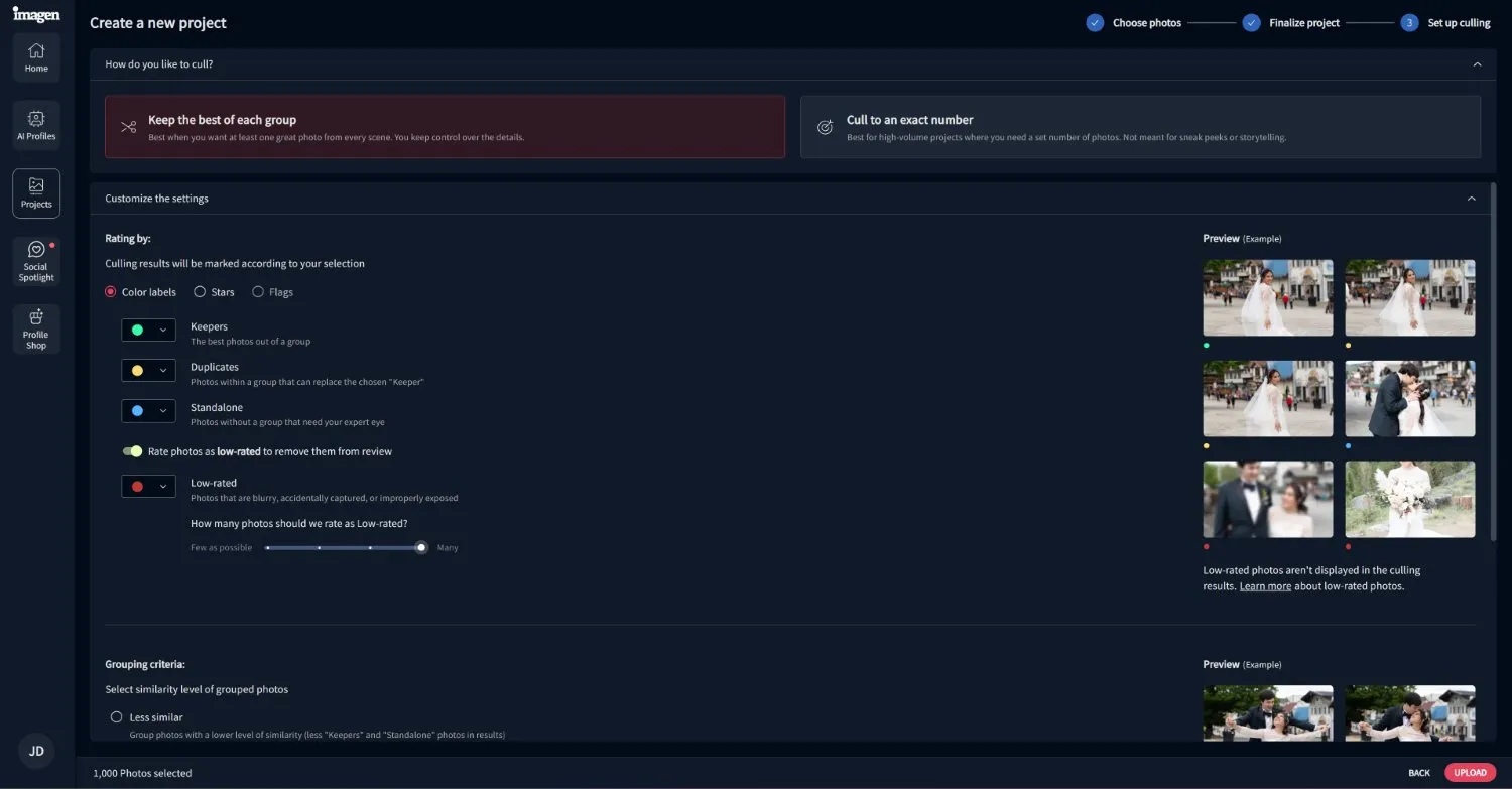 Imagen culling options with "Keep the best of each group" and "Cull to an exact number"
