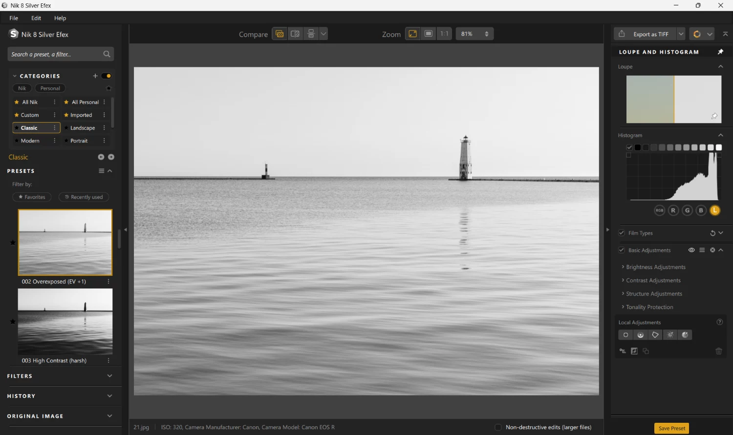 Nik Silver Efex 8 window with black and white lighthouse Image