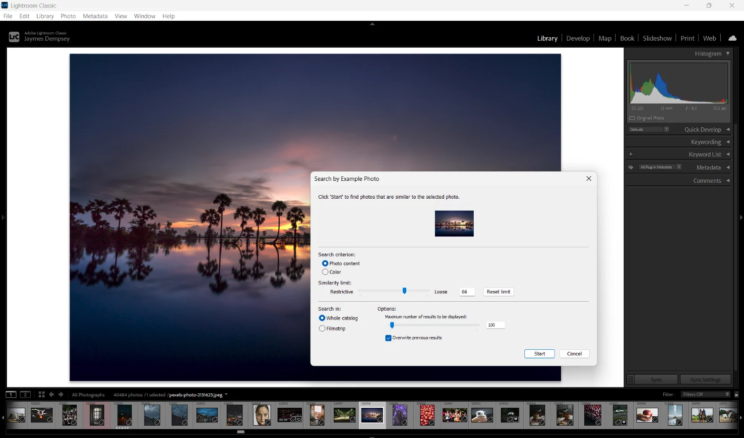 Excire Search 2026 LrC plugin with an AI search dialog box