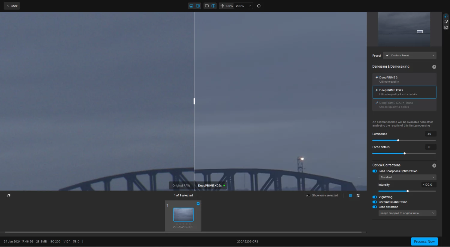 DxO PureRAW 5 plugin showing before and after comparison view
