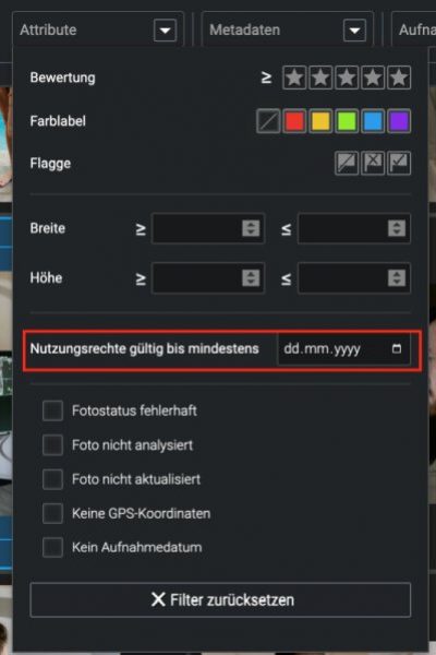 Screenshot der Nutzungsrechte-Einstellung in Excire Foto Office Edition